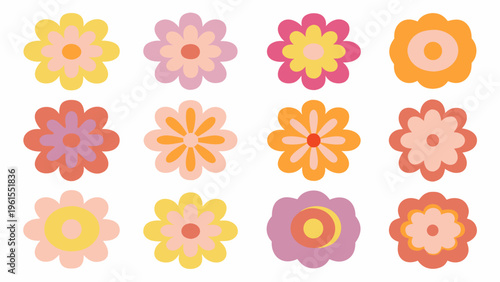 A collection of colorful stylized flowers arranged in a grid pattern