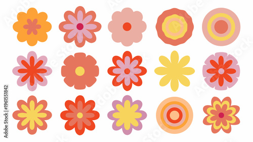 A collection of colorful stylized flowers arranged in a grid pattern