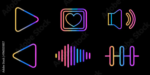 Colorful neon icons representing media playback and audio controls