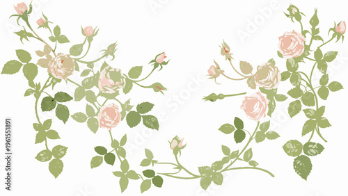 Delicate rose branches with buds and leaves form a decorative design