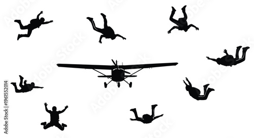 Multiple skydiver silhouettes freefalling from an airplane in a dynamic vector illustration showcasing extreme sports and adventure.