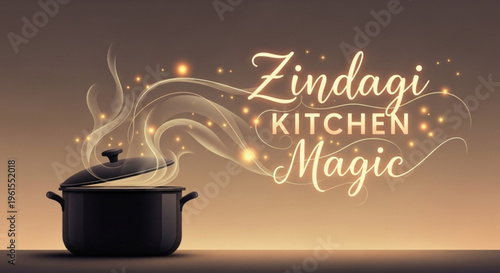 Steaming black pot with lid on kitchen counter with zindagi kitchen magic text