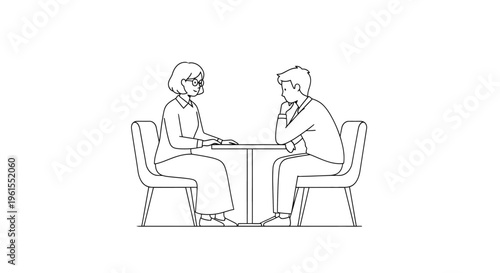 A vector graphic illustration depicting a thoughtful business conversation between a focused man and an engaging woman, both sitting at a table, discussing important matters professionally.