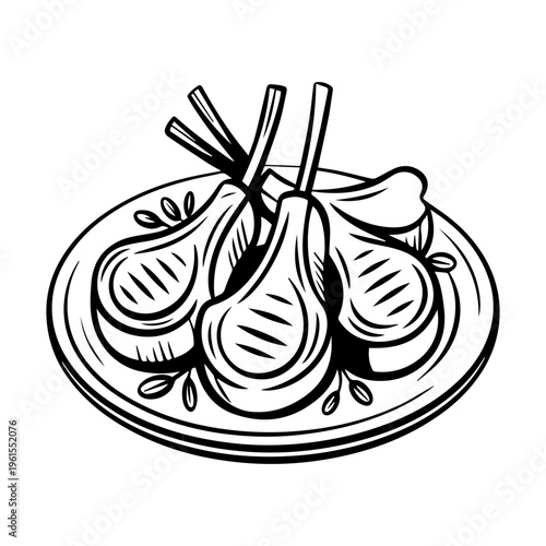Gourmet Grilled Lamb Chops on Plate with Herb Garnish Line Art Illustration