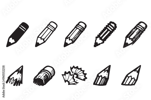 Simple vector of several pencils with sharpened tips and wood shavings, designed with clean lines and minimal detail, perfect for school, drawing, and creative themes.