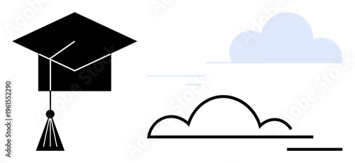 Education, career goals, achievement, growth, inspiration, knowledge pursuit. Black graduation cap alongside minimalist cloud design. Education and career goals through clean, simple imagery