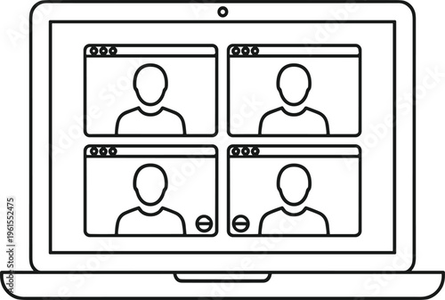 Online video conference meeting on laptop screen with four participants