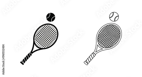 Two contrasting vector graphic illustrations depict a classic tennis racket poised near a spherical sports ball ready for competitive play