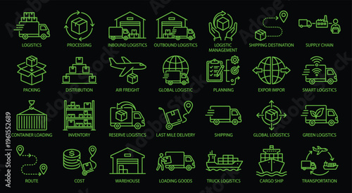 Set of logistics icons with transportation and warehouse symbols