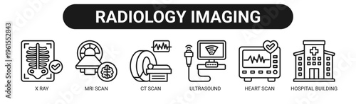 Radiology Imaging web banner icon vector illustration concept with icons of X ray, MRI scan, CT scan, ultrasound, heart scan, and hospital building.