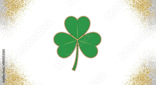 Lucky green four leaf clover with gold outline on white background with glittery gold corners symbolizing good fortune and st patrick's day