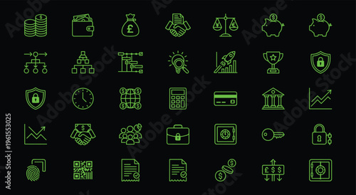 Finance and business neon line icons for digital banking and investment green