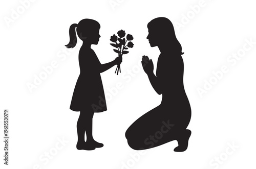 A young girl offers flowers to her mother in a silhouetted scene