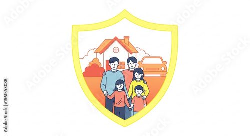 Family protection concept with shield house car and loved ones inside symbolizing safety and security for a happy family