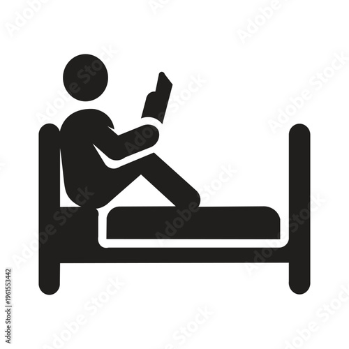 Icon image of a person reading a book in bed silhouette illustration An icon or illustration of a person reading a book in bed generally depicts a relaxed, comfortable, and calm atmosphere. This icon 
