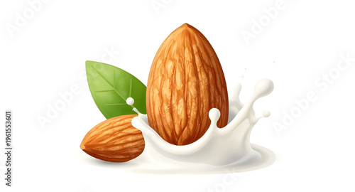 almonds, almond milk splash, nut, milk, splash, liquid, almond drink, vegan, dairy free, organic, almond with leaves illustration, green leaf, plant based food, healthy snack, nutrition concept, prote