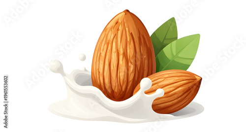 almonds, almond milk splash, nut, milk, splash, liquid, almond drink, vegan, dairy free, organic, almond with leaves illustration, green leaf, plant based food, healthy snack, nutrition concept, prote
