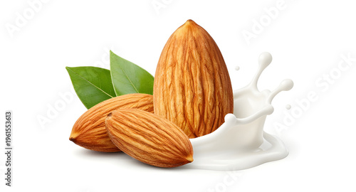 almond milk, almonds, nut, organic almond milk, milk splash effect, vegan drink, dairy alternative, almond with leaf, green leaf design, healthy nutrition, plant based drink, raw nut, almond splash il