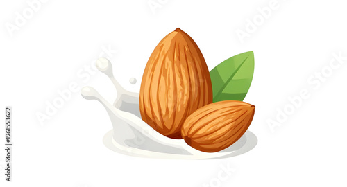 almond milk, almonds, nut, organic almond milk, milk splash effect, vegan drink, dairy alternative, almond with leaf, green leaf design, healthy nutrition, plant based drink, raw nut, almond splash il