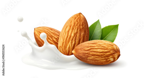 almond milk, almonds, nut, organic almond milk, milk splash effect, vegan drink, dairy alternative, almond with leaf, green leaf design, healthy nutrition, plant based drink, raw nut, almond splash il