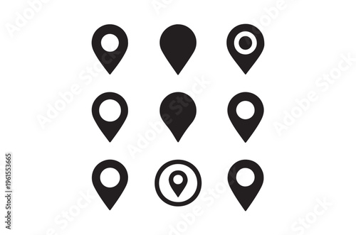 A collection of simple black and white map pin icons