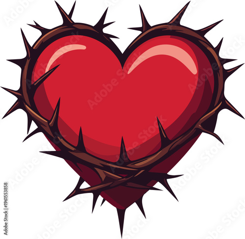 A red heart encircled by a dark brown crown of thorns, symbolizing suffering, sacrifice, and religious devotion.