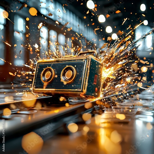 Dynamic Retro Radio with Golden Sparks and Energetic Light Burst