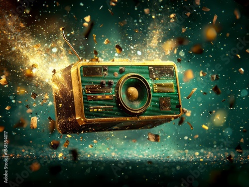 Vintage Golden Radio Bursting with Glitter and Light on Teal Background