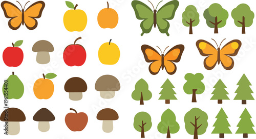 Autumn nature vector set including apples mushrooms butterflies and trees in flat style for seasonal design and fall themed projects