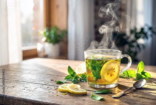 Hot herbal green mint lemon tea with steam in cozy morning with copy space