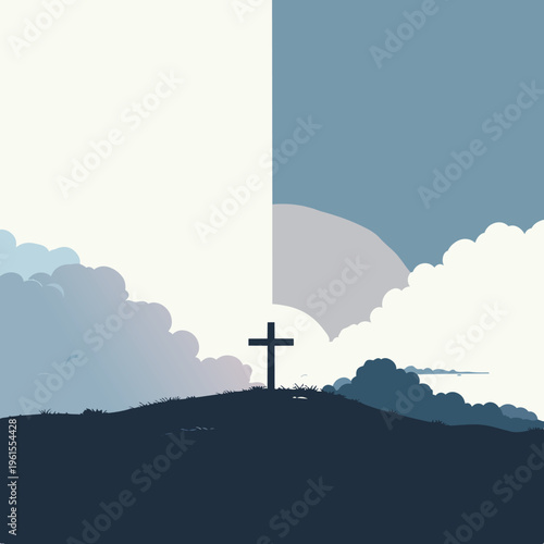 A minimalist illustration of a cross silhouetted on a hill against a split sky, transitioning from bright day to serene twilight with clouds.
