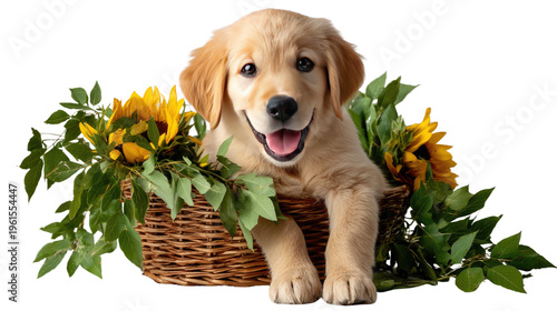 Golden Retriever puppy in basket of flowers: A delightful golden retriever puppy, radiates happiness as it sits snugly within a charming basket filled with vibrant sunflowers and fresh foliage.