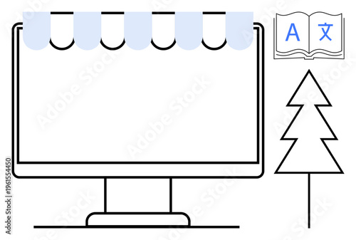 Online education, e-learning platforms, translation tools, multilingual learning, digital classrooms, global communication. Monitor, book with language symbols tree icon. Online education