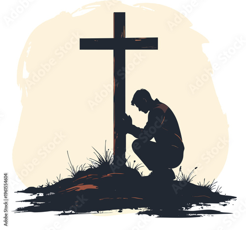 Silhouette of a man kneeling in prayer at the base of a large wooden cross on a grassy mound, depicting faith and devotion.