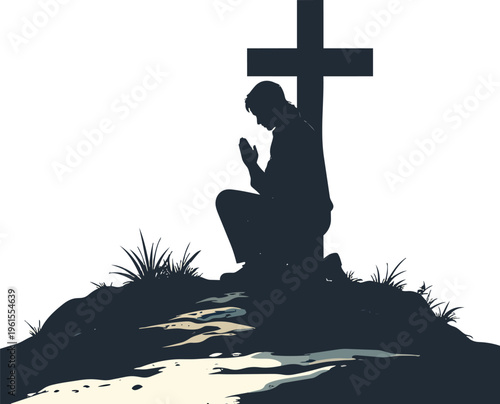 A silhouette of a person kneeling in prayer at the foot of a cross on a hill, symbolizing faith and devotion.