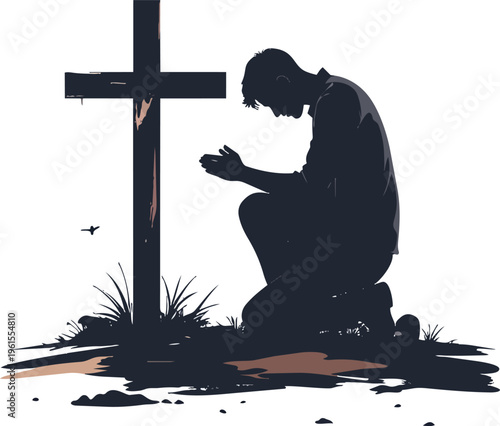 A silhouette of a man kneeling in prayer before a wooden cross, surrounded by grass and dirt, symbolizing faith, devotion, and spirituality.