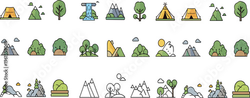 Camping and nature landscape vector icon set including tents mountains trees waterfalls and outdoor elements in flat and outline style