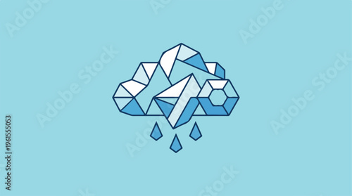 Geometric cloud illustration with rain drops on a blue background.