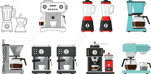 Coffee Machines and Blenders Set with Espresso Makers, Drip Coffee, Grinder and Kitchen Appliances Vector Illustration