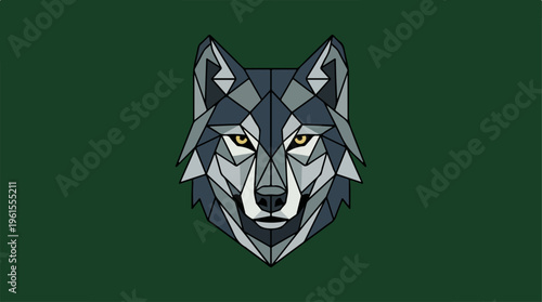Geometric Wolf Head on Green Background - A Striking Digital Illustration.