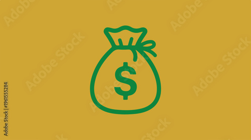 Green Money Bag Icon on Yellow Background Represents Finance.