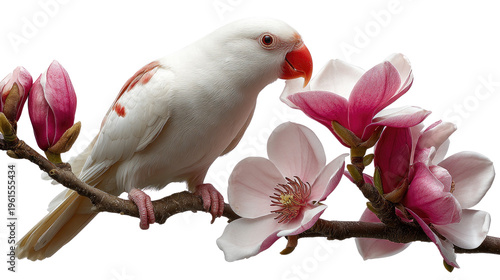 Exotic Parrot in Blossom: An exquisite white parrot, with subtle red accents, perches delicately on a flowering branch, its vibrant beauty contrasting with the soft petals of blossoms.