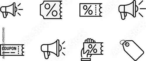 Discount and promotion line icons set, coupon tickets, megaphone marketing symbols, price tags, sale offers, outline vector collection