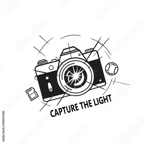 Vintage camera emblem with capture the light text and lens flare elements for photography studio brand vector illustration.