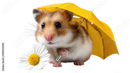 Hamster with Umbrella: A charming hamster takes shelter from the rain under a bright yellow umbrella, holding a daisy in a heartwarming scene.
