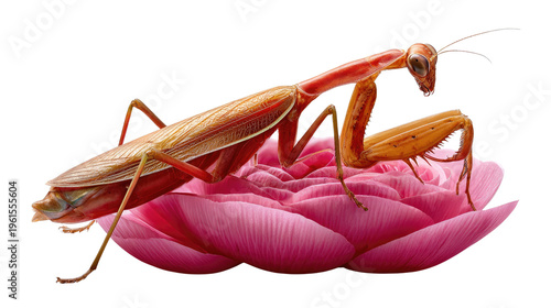 Mantis on Blossom: A striking praying mantis with vibrant colors perches atop a delicate pink blossom, showcasing the intricate beauty of nature's design.