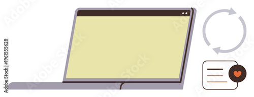 Data synchronization, task management, productivity tools, cloud technology, workflow visualization, user interface. Laptop with circular arrows and checklist with heart icon. Data synchronization