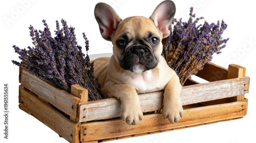 French Bulldog in Wooden Crate: An adorable French bulldog puppy poses amidst lavender in a rustic wooden crate, capturing playful curiosity and charm.