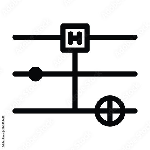 Quantum circuit icon representing pathways of qubits and logic operations in quantum computation. Useful for visualizing algorithms, gates, and processing structures.