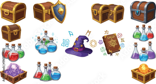 Fantasy game assets vector set with treasure chests, magic potions and spell book, cartoon RPG item collection isolated on white background illustration